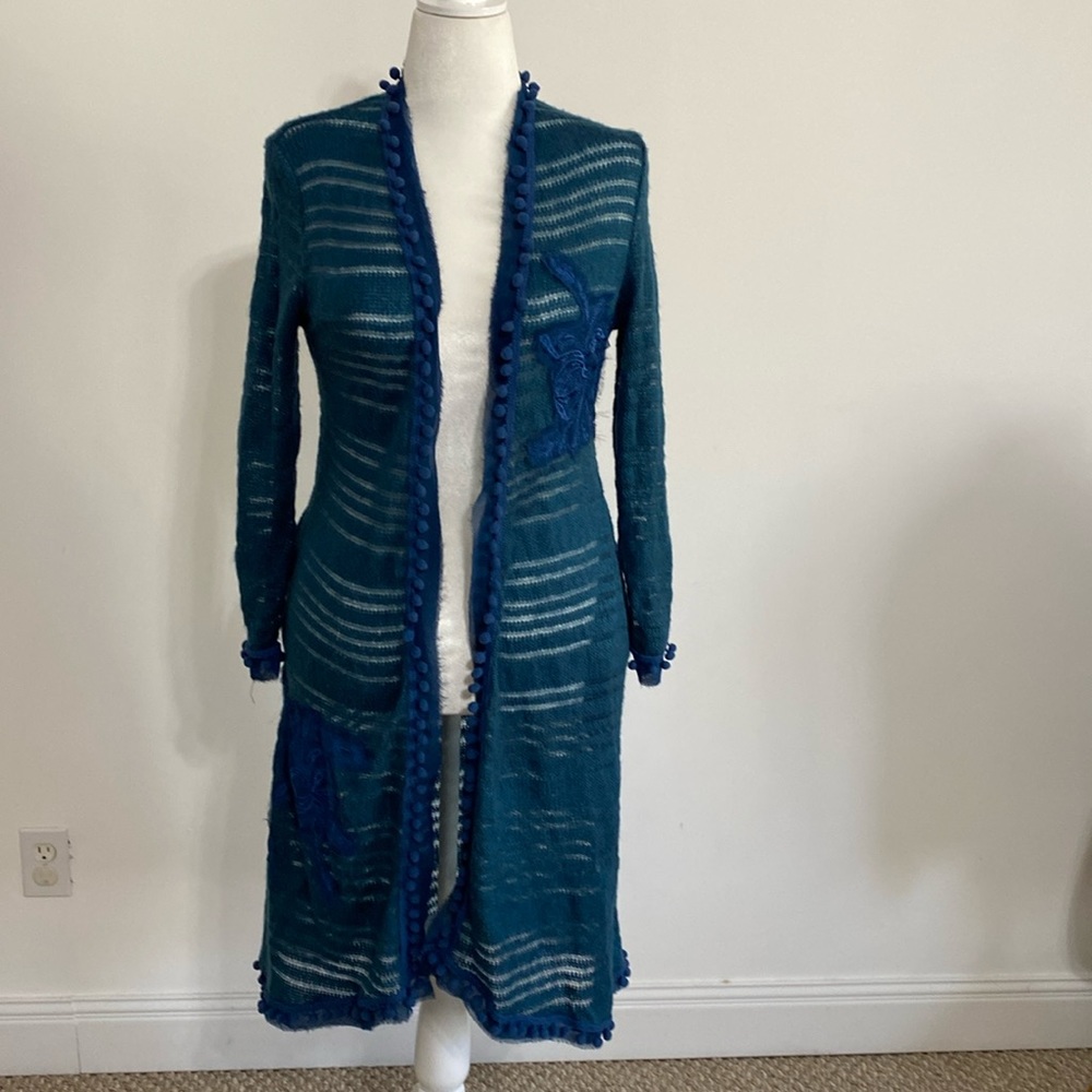 Labellum by Hillary Scott Blue Appliqué and Pom Pom Long Duster Cardigan